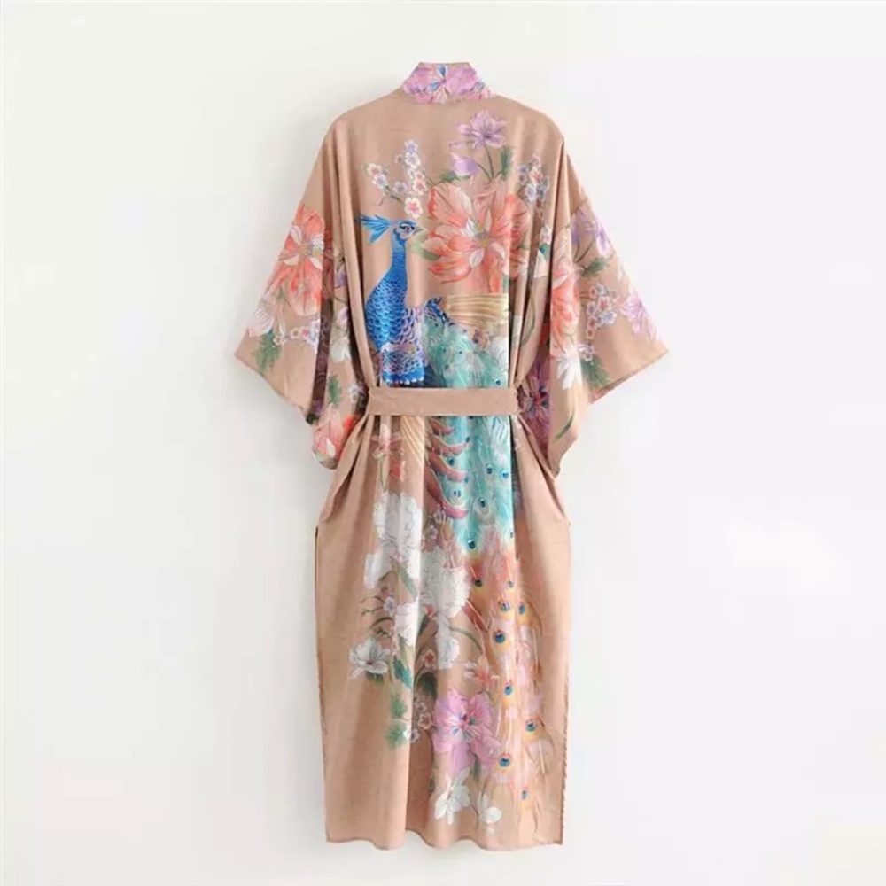 SOLD OUT Gypsy Bohemian Tan Floral Peacock Open Kimono Robe - Picture 7 of 12